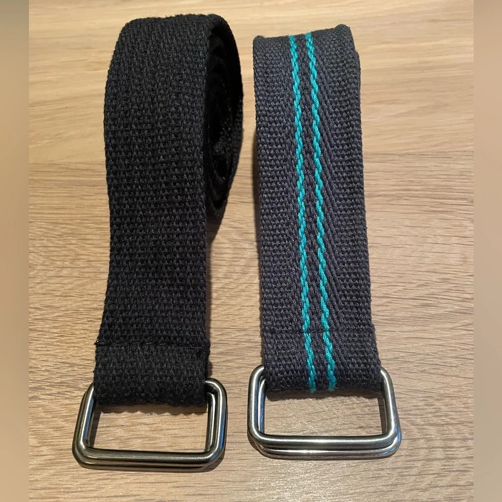 SET OF TWO WOVEN FABRIC BELTS Solid Black, Black with Teal Green Stripes